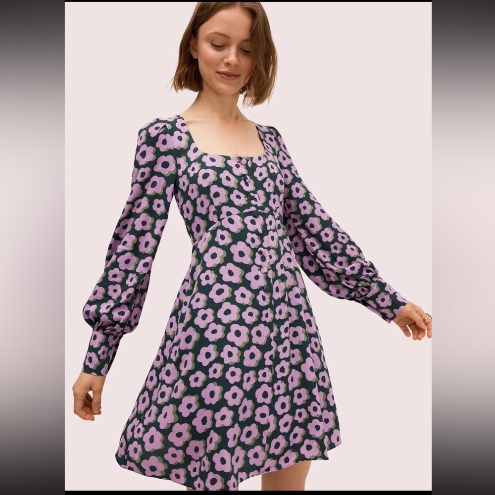 Kate Spade purple green spruce flaire flora fluid floral mini dress 6
